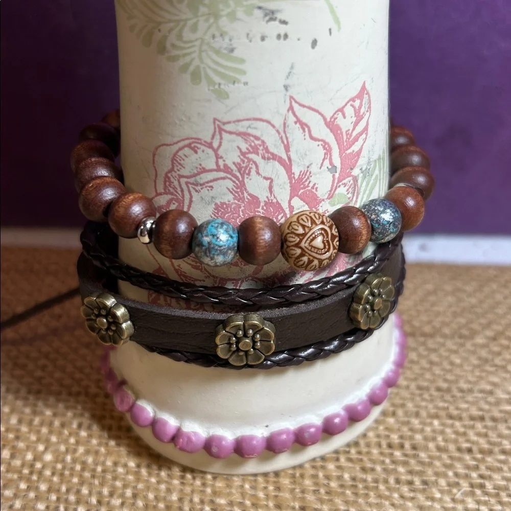 Fancy Wooden Beads Bracelet & Braided Leather Flower Bracelet Bundle (G)